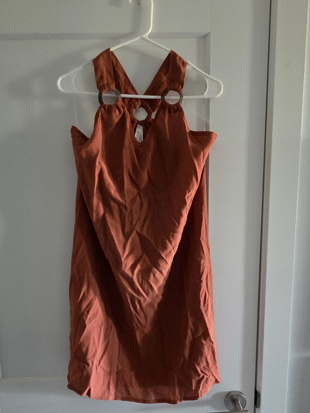 NWT • Sleeveless Rust Orange Ring-Detail Effortless Beachy Dress